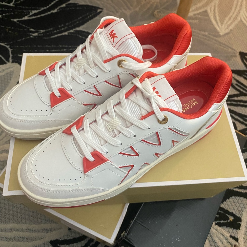 Michael Kors White and Red Sneakers Low-Top Athletic Style
